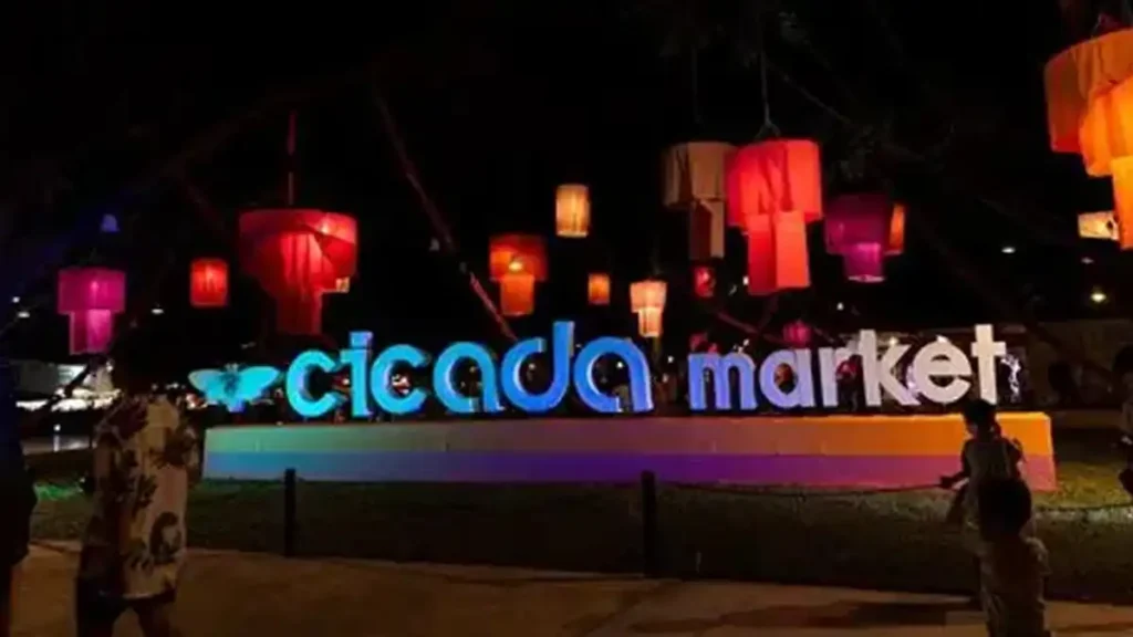 cicada night market sign at hua hin