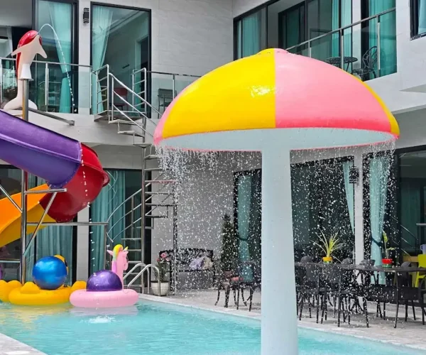 party villa hua hin pool with waterslide and mushroom fountain